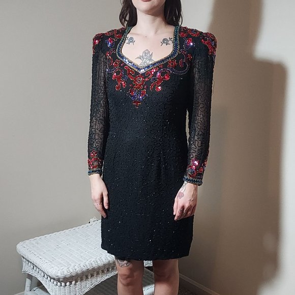 Unbelievable Vintage 80s Morgan Taylor Evening Ware Sequins and Beaded Silk Mini - Picture 1 of 10